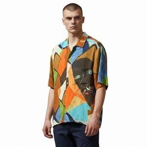 Jams World Vintage Button-Up Short Sleeve Picasso Abstract Men's Shirt Size M